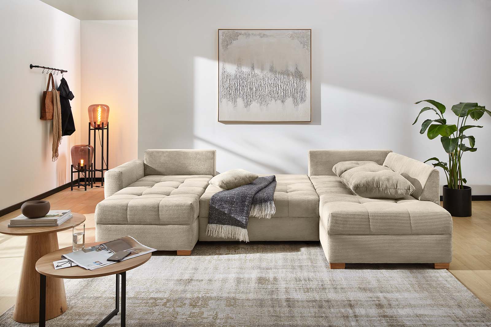 JOB Wohnlandschaft ABBY ca. 170x313x200cm in Dessin Cord light greige, Dekoration für Zuhause, Mobiliar, Couch, Gemälde, Handtasche