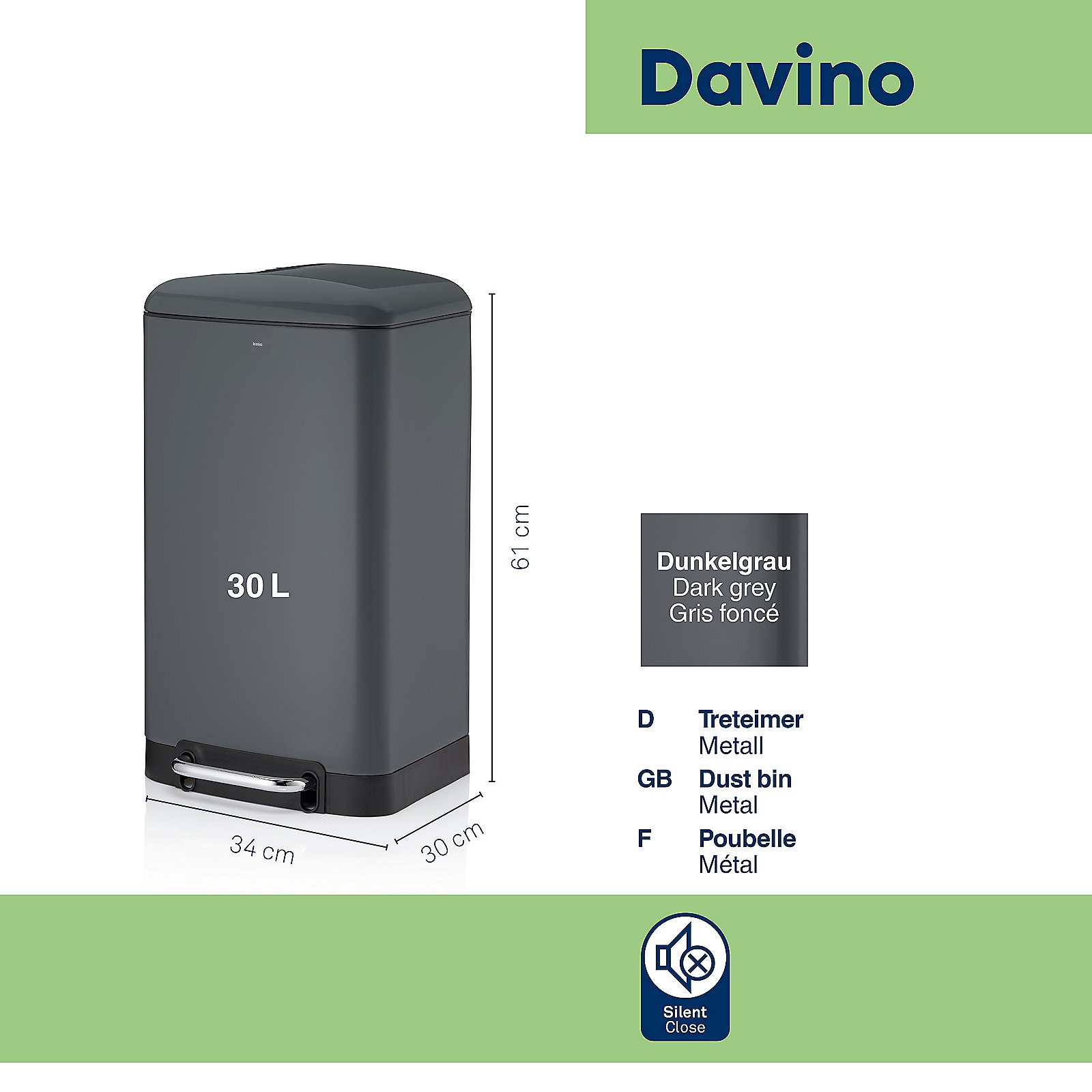Kela Treteimer DAVINO in dunkelgrau, H:61cm, 30L, Elektronik, Sprecher