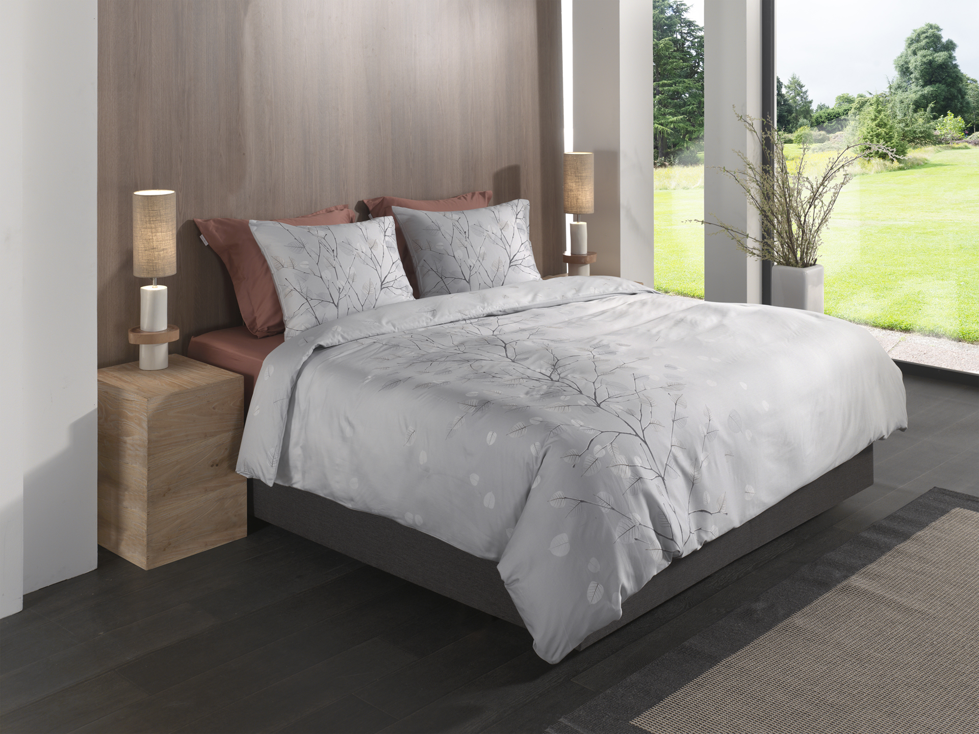 Heckettlane Bettwäsche ca. 135x200cm in Farbe Light-Grey, Innenarchitektur, Mobiliar, Lampe, Bett, Pflanze
