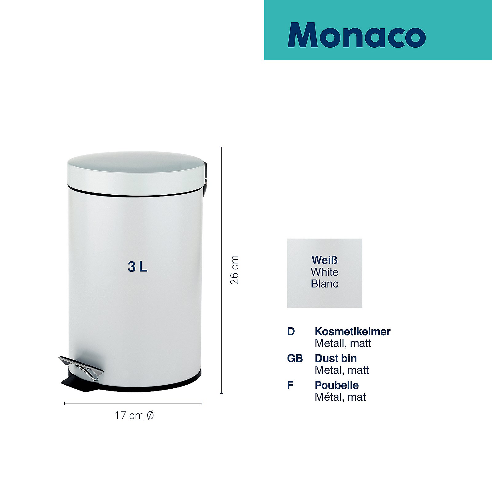 Kela Kosmetikeimer Monaco ROSE in Metall weiß 26cm 17cm 3l, Zinn, Kann, Mülleimer