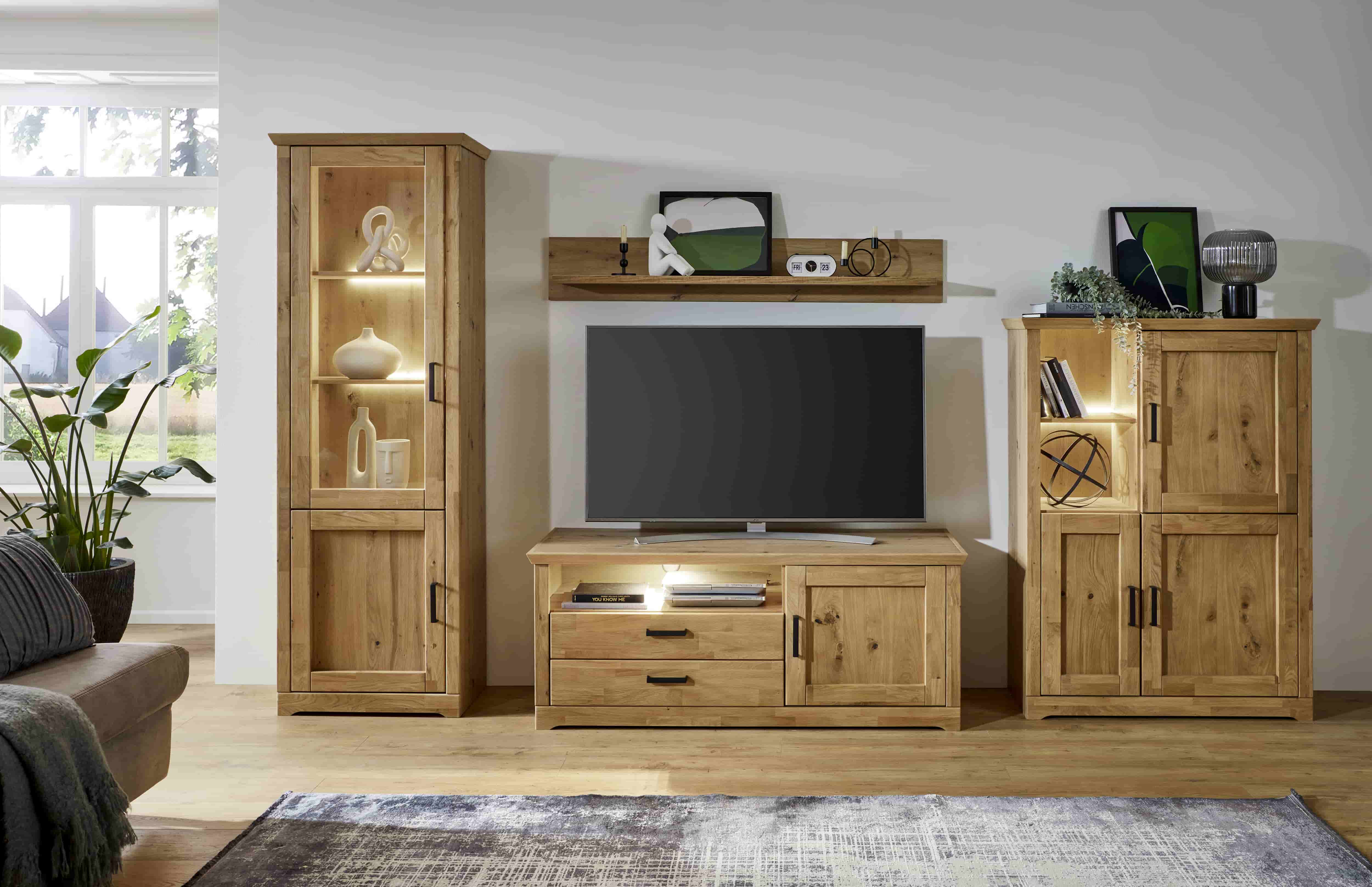 Ideal Möbel Wohnkombination BOSTON ca.B337 H204 T52 cm in Asteiche Bianco/Rahmen massiv