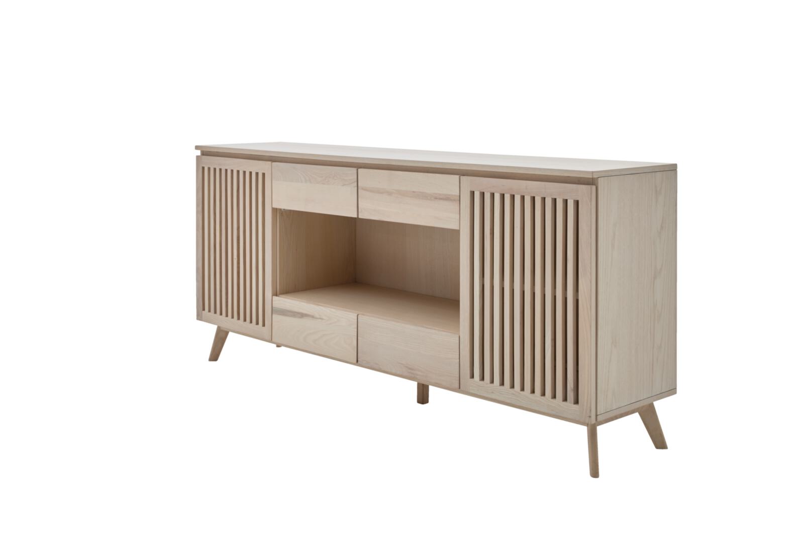 Roomio Sideboard NO. 2000 in Esche Echtholzfurnier, Fronten und Gestell massiv, weiß gewaschen