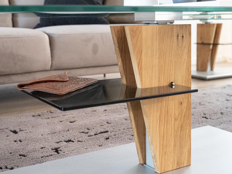 Vierhaus Couchtisch höhenverstellbar, ca. 100 x 60 x 47 - 65 cm in Wildeiche geölt mit Klarglasplatte