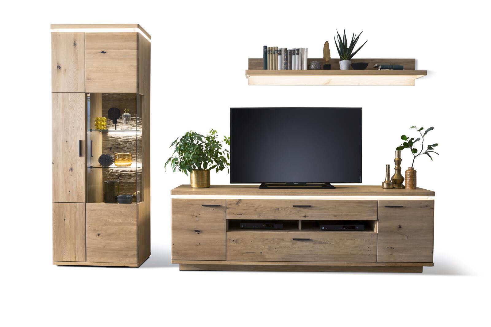 MCA Furniture Wohnkombination Barcelona, ca. 300 x 204 x 50 cm in Balkeneiche bianco geölt/Eiche bianco funiert