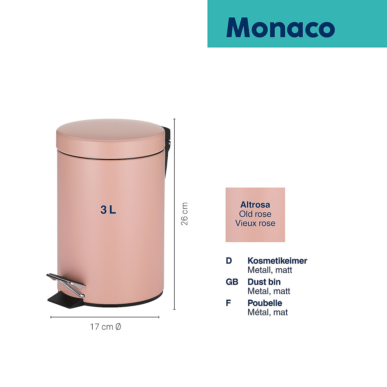 Kela Kosmetikeimer Monaco ROSE in Metall perlrosa, Zinn, Kann, Mülleimer, Flasche, Shaker