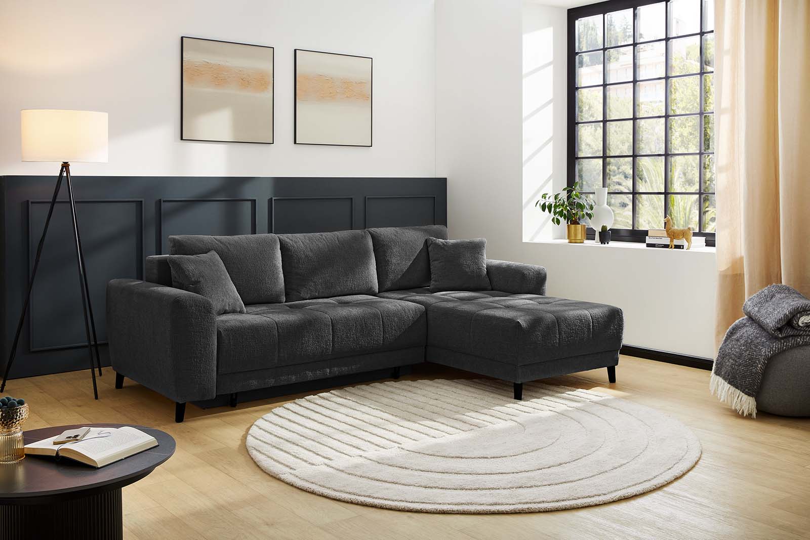 JOB Wohnlandschaft BEVERLY ca. 251x172cm in Chenille anthrazit, Dekoration für Zuhause, Couch, Mobiliar, Wohnzimmer, Teppich