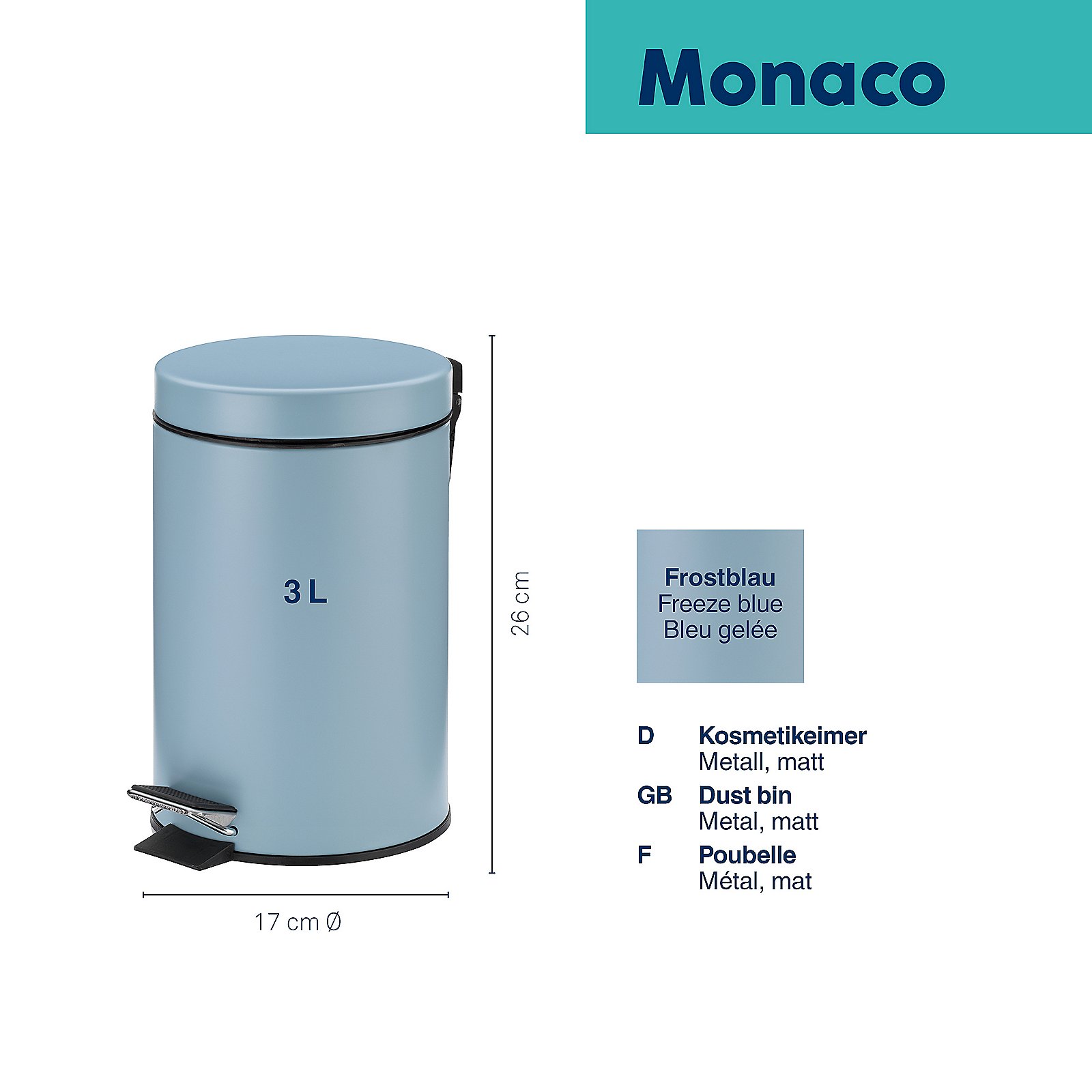 Kela Kosmetikeimer Monaco ROSE in Frostblau matt, Zinn, Kann, Mülleimer