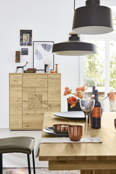 Musterring Highboard Portland, ca. 122,4 x 136,2 x 39,7 cm in Wildeiche bianco mit Hirnholzakzenten