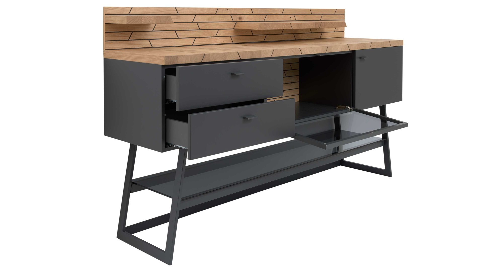 Interliving Anrichte IL 2108 ca. 185x109x46cm in schieferschwarz Mattlack/Casa Wildeiche geölt, Moebel, Anrichte, Schublade, Tabelle, Schreibtisch