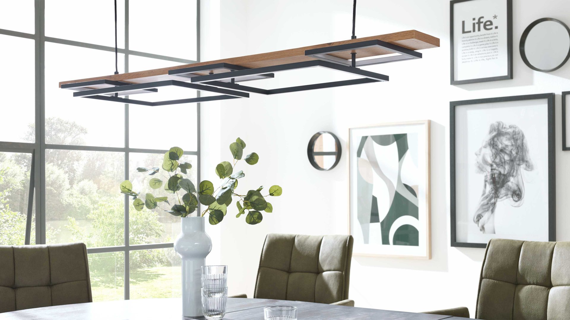 Interliving LED-Hängeleuchte IL-9342 in Metall schwarz matt, Holzoptik dunkel
