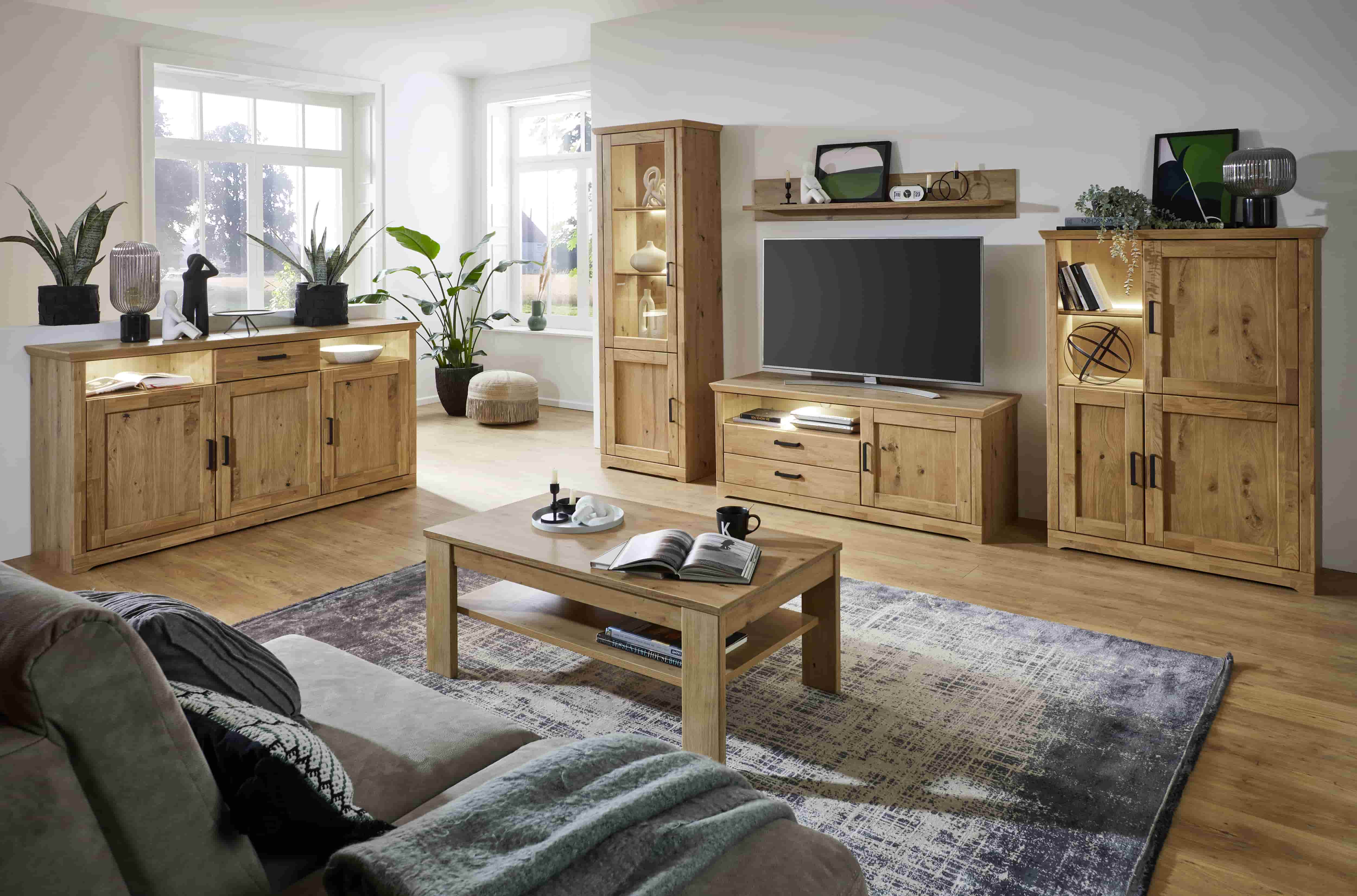 Ideal Möbel Wohnkombination BOSTON ca.B337 H204 T52 cm in Asteiche Bianco/Rahmen massiv