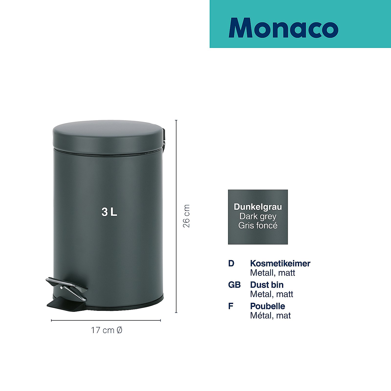 Kela Kosmetikeimer Monaco MONACO in dunkelgrau, Zinn, Kann, Mülleimer