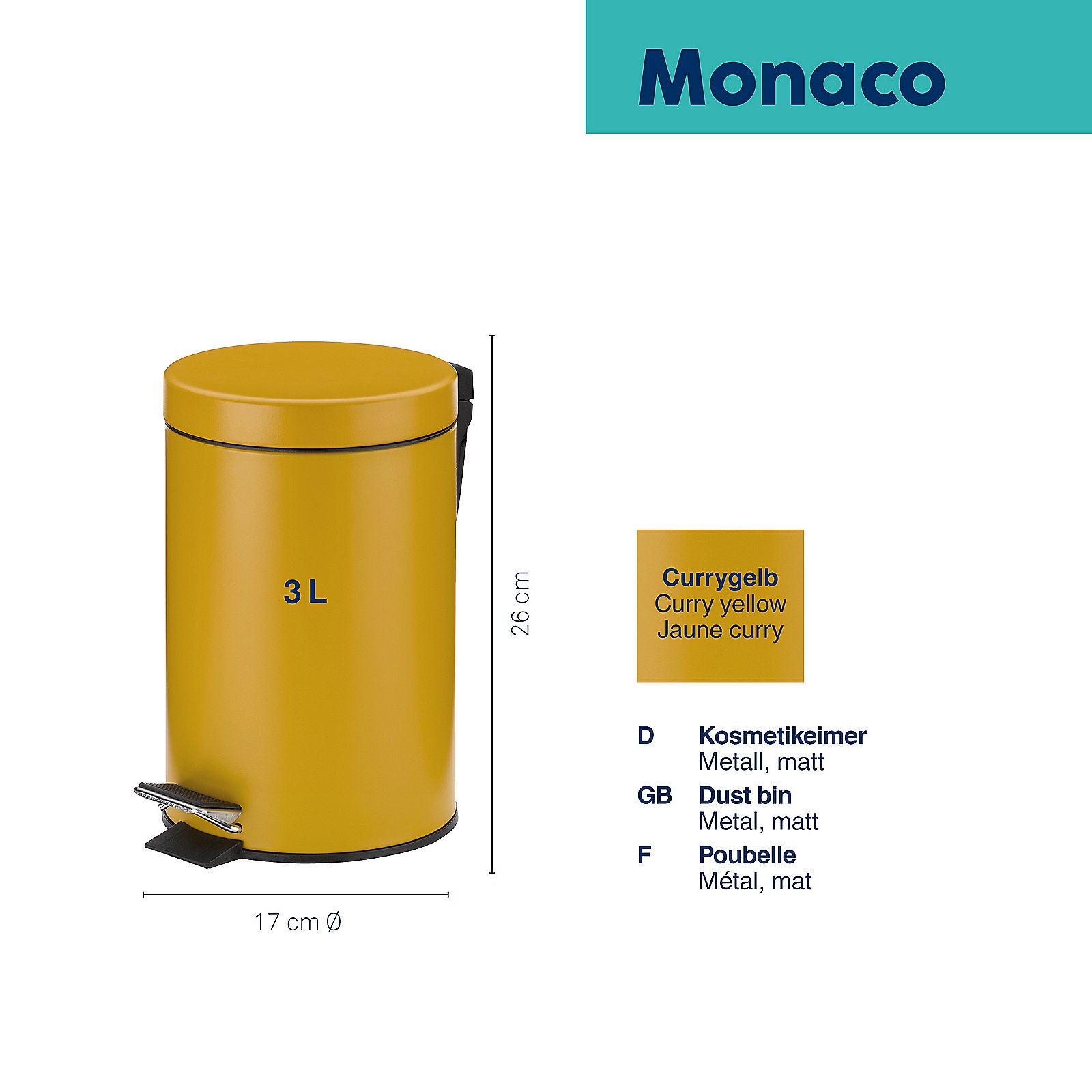 Kela Kosmetikeimer Monaco ROSE in Metall currygelb, Zinn, Kann, Mülleimer