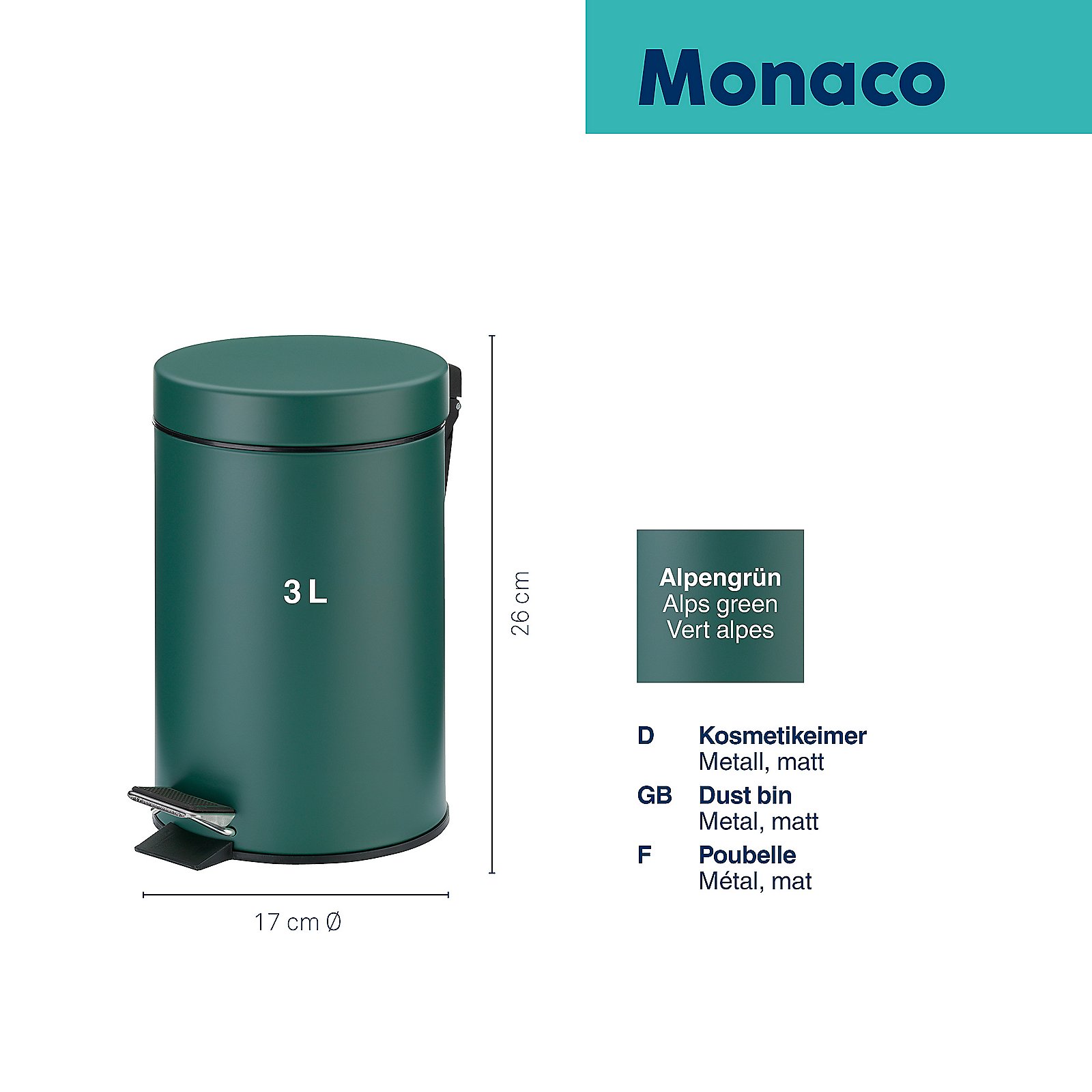 Kela Kosmetikeimer Monaco ROSE in Metall alpengrün, Zinn, Kann, Mülleimer