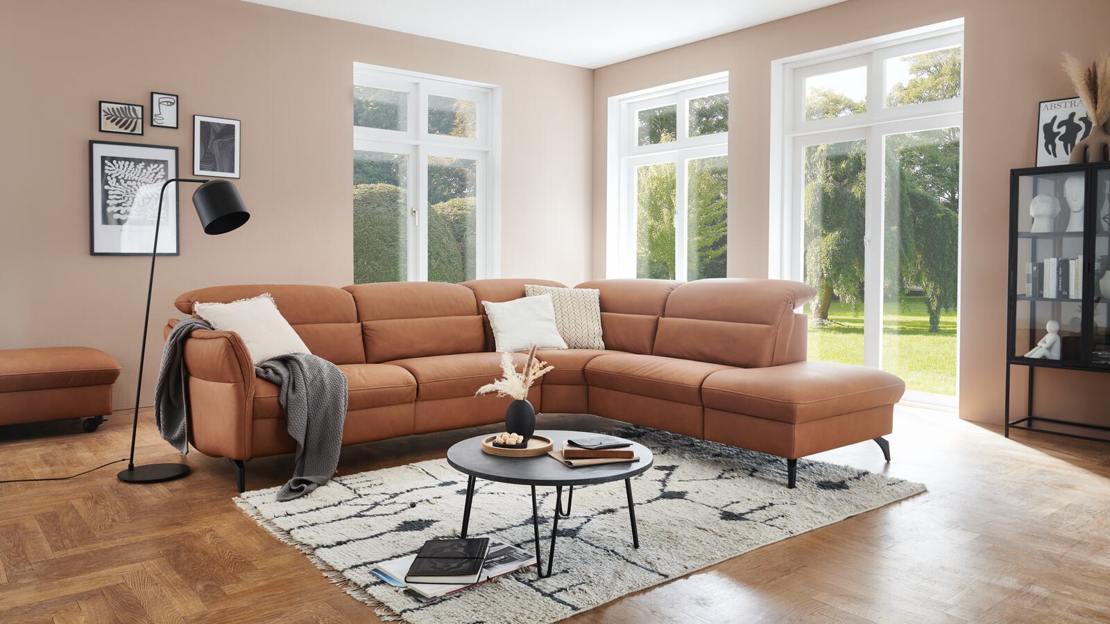 Comfortmaster Rundecke SPEKTRA ca. 304x255cm in Leder Lonlife Rustika honig, Dekoration für Zuhause, Tabelle, Wohnzimmer, Couch, Kaffeetisch
