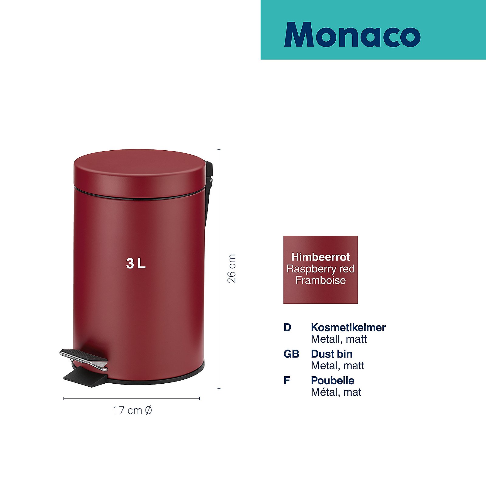 Kela Kosmetikeimer Monaco MONACO in Metall himbeerrot, Zinn, Kann, Mülleimer
