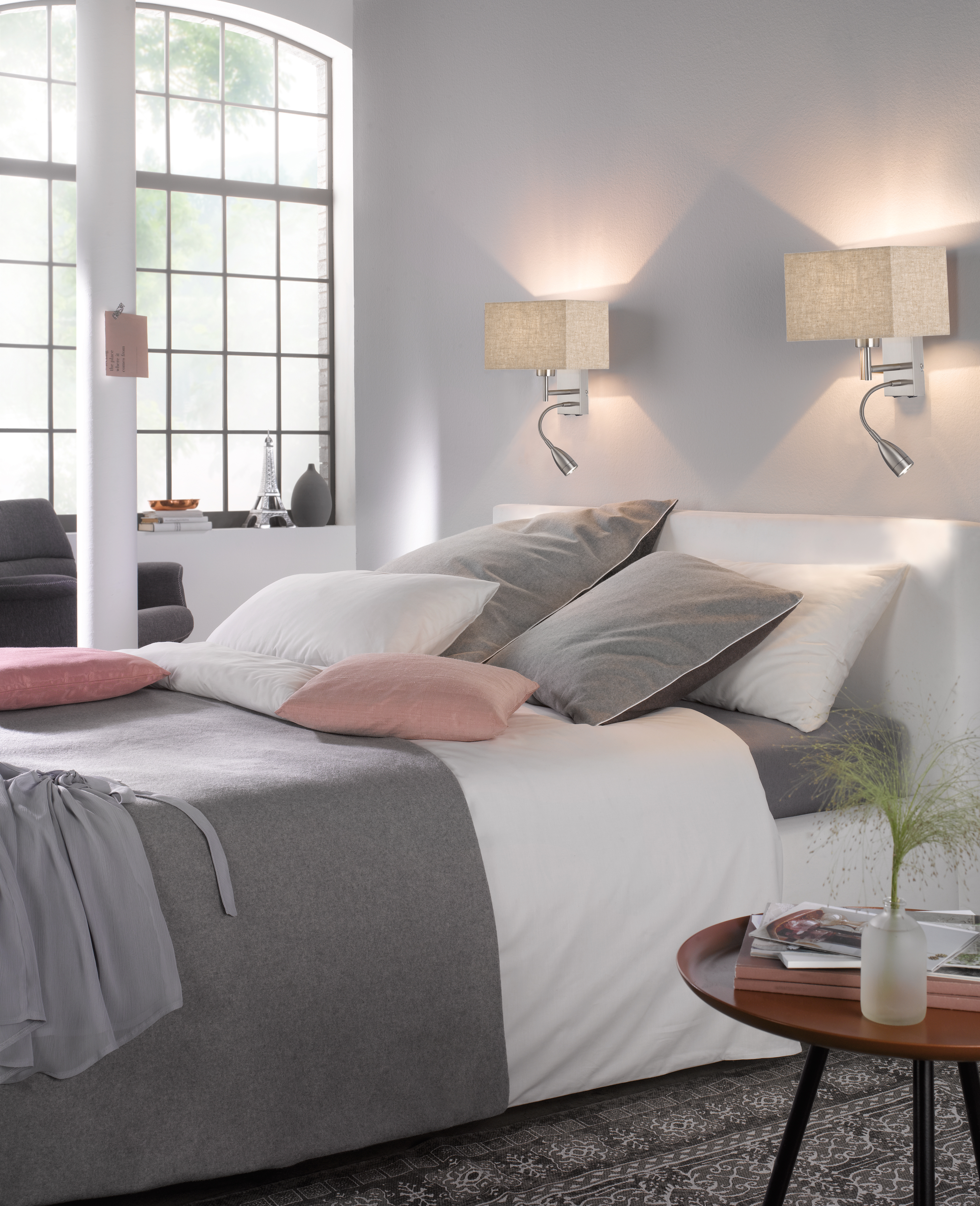 Fischer & Honsel Wandleuchte DREAM 1-flammig in Farbe Nickel matt/Stoff sandfarbig Leinen