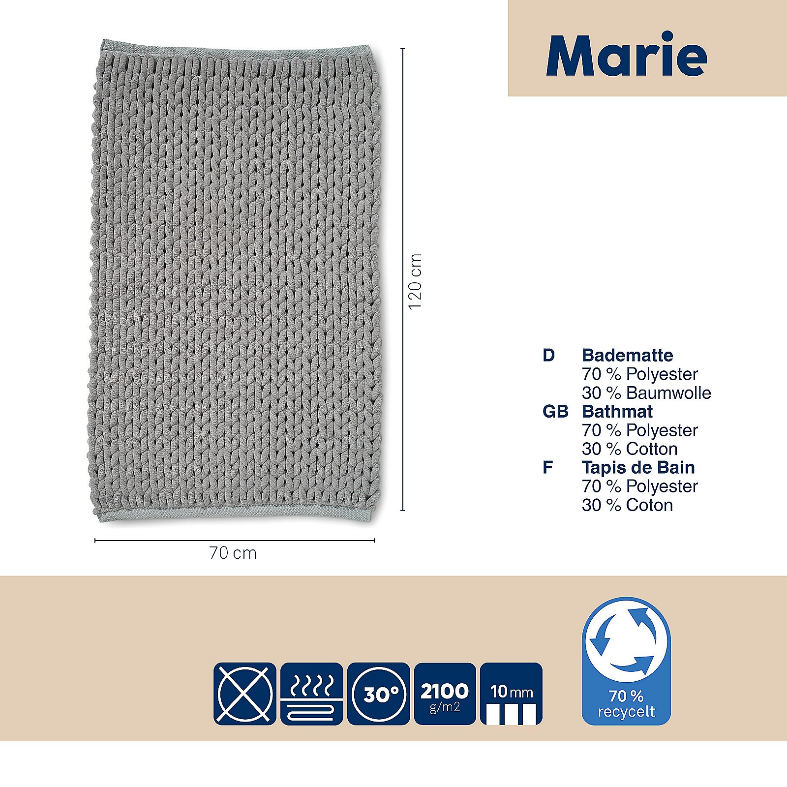 Kela Badematte MARIE in Hellgrau, Dekoration für Zuhause, Kissen