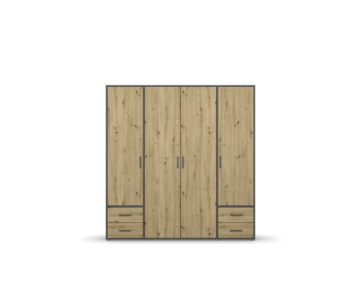 Rauch Drehtürenschrank VOYAGER 4-türig in Dekor-Druck Eiche Artisan/grau-metallic