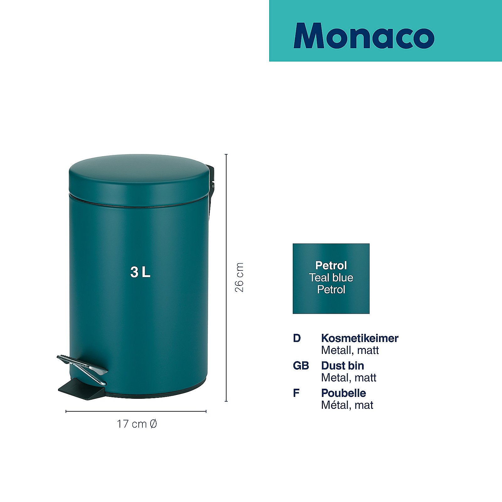 Kela Kosmetikeimer Monaco MONACO in Metall petrol, Zinn, Kann, Mülleimer