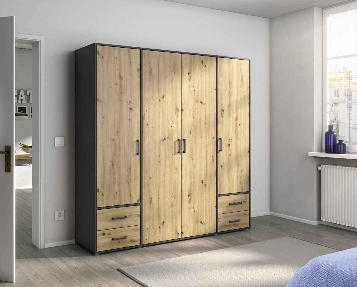 Rauch Drehtürenschrank VOYAGER 4-türig in Dekor-Druck Eiche Artisan/grau-metallic