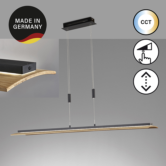 Fischer & Honsel LED-Pendelleuchte SHINE-WOOD in Metall sandschwarz/Holz Eiche natur geölt