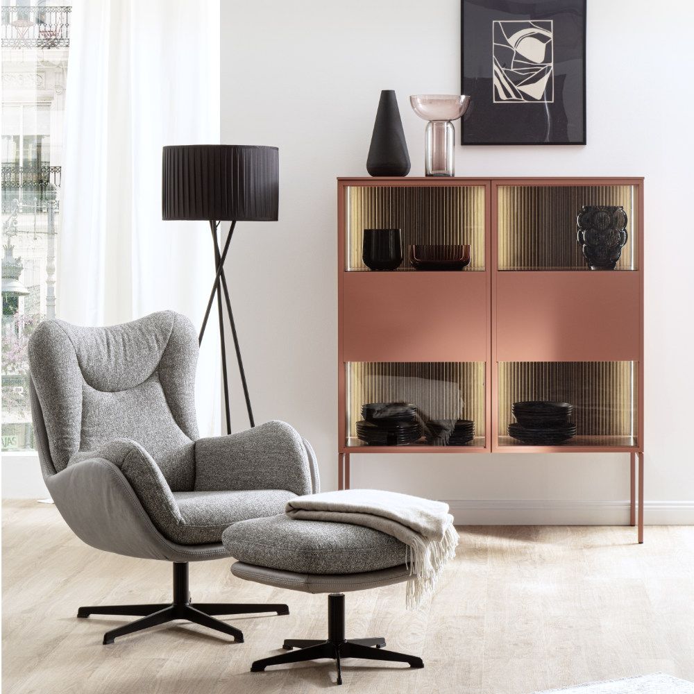 SCHÖNER WOHNEN-Kollektion Hocker KIKO in Stoff Sneak steel/Leder Evita light grey