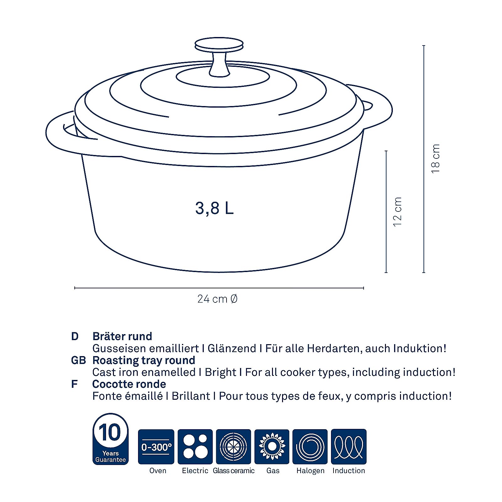 Kela Bräter CALIDO in Farbe Hellgrau, Kochgeschirr, Topf, Diagramm, Handlung, Holländischer Ofen