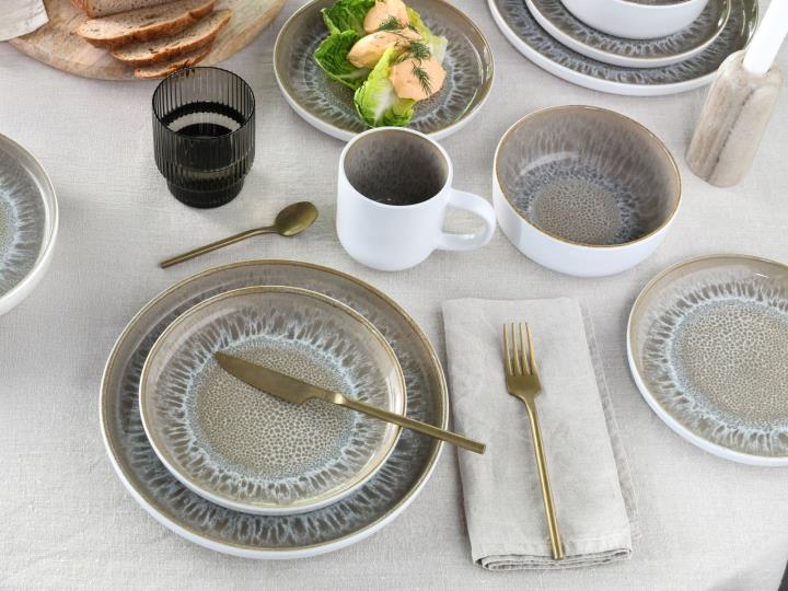 Creatable Kombiservice, 16-tlg. Nordic Fjord Eisblau in Farbe Sand, Präsentation des Essens, Tasse, Besteck, Brunch, Messer