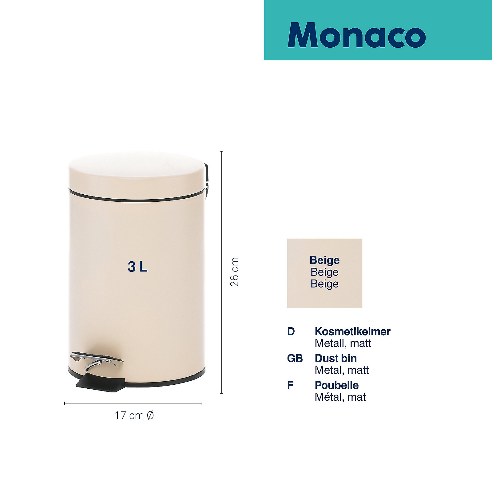 Kela Kosmetikeimer Monaco SABLE in Metall beige, Zylinder, Zinn