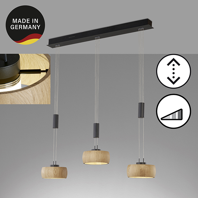 Fischer & Honsel LED-Pendelleuchte SHINE-WOOD in Metall sandschwarz/Holz eiche natur geölt