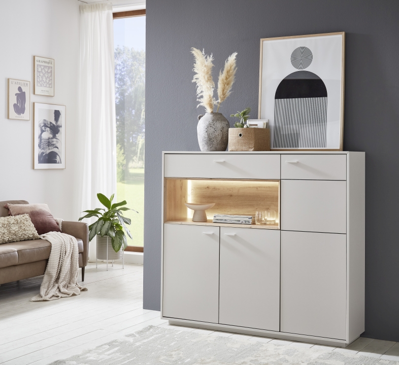 Ideal Möbel Highboard CORUNA B/H/T ca.137,4x123,9x37,2cm in Front/Korpus Kaschmir Melamin