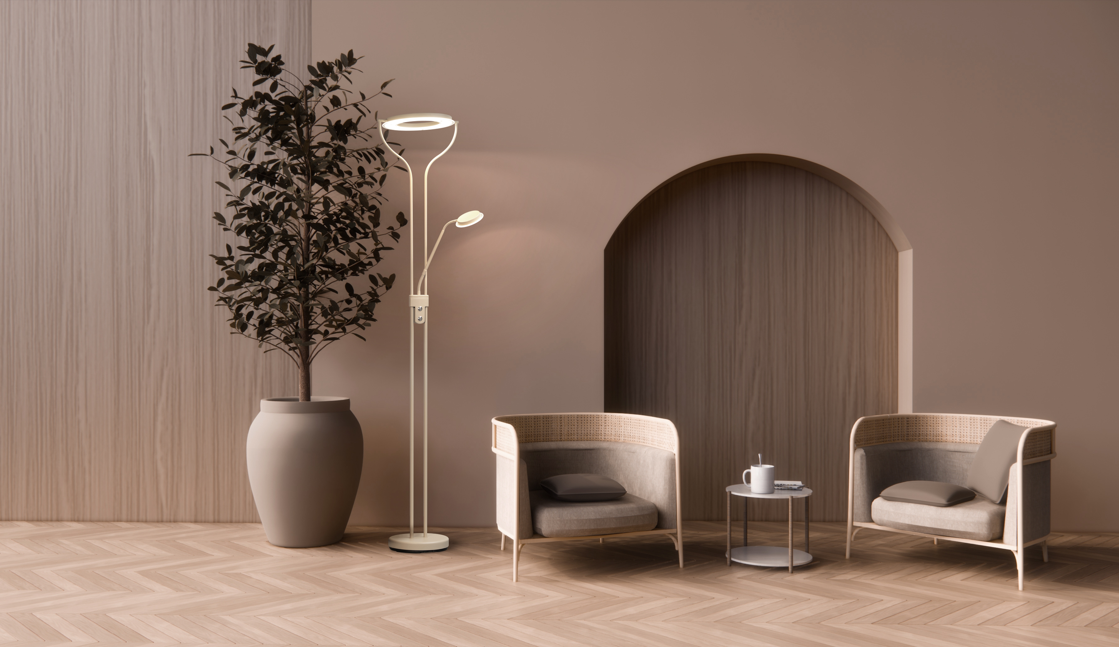 Fischer & Honsel LED-Stehleuchte DAVOS 1-flammig in Farbe Metall sandfarbig, Lampe, Pflanze, Innenarchitektur, Stuhl, Stehlampe