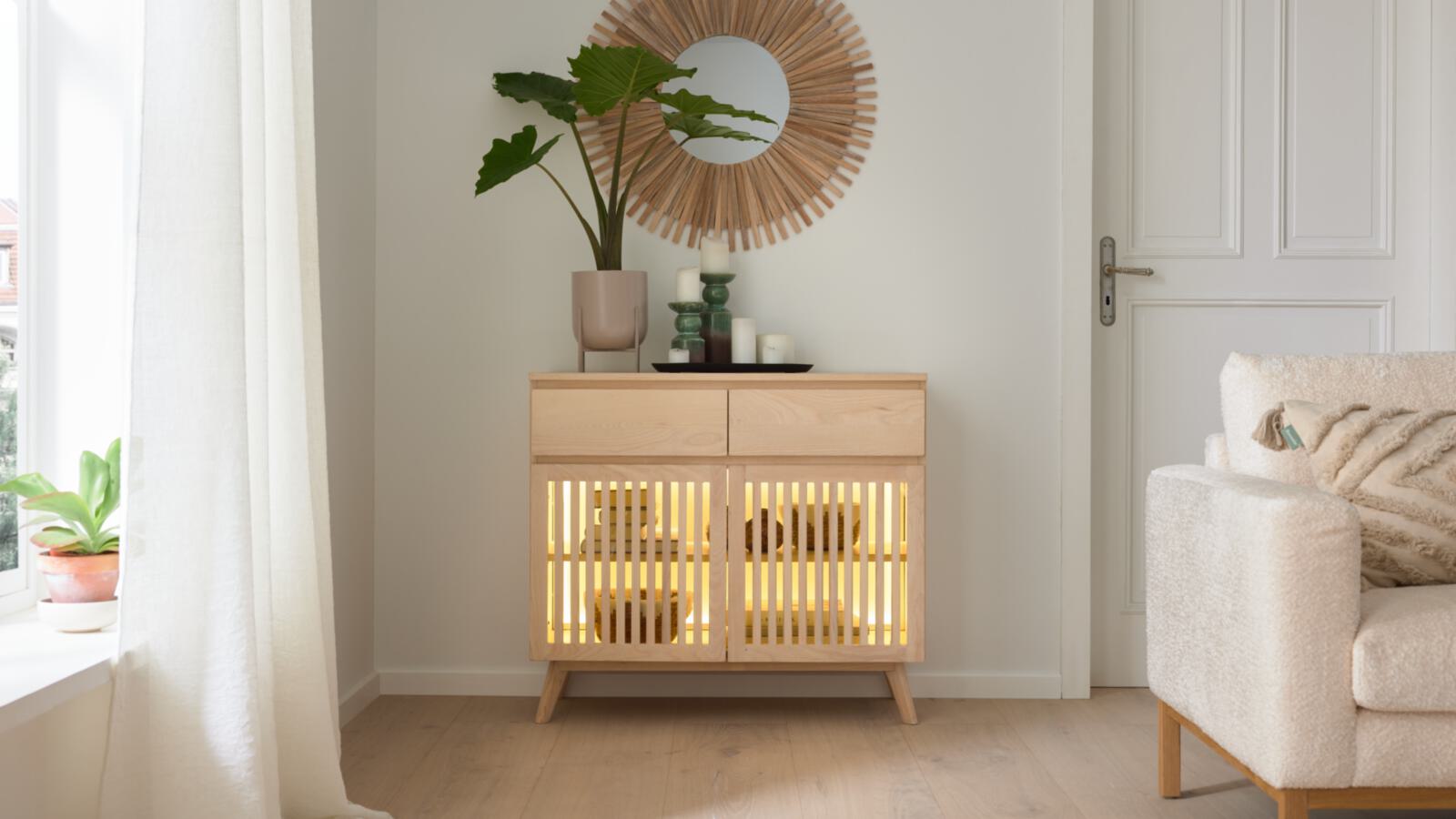 Roomio Sideboard NO. 2000 in Esche Echtholzfurnier, Fronten und Gestell massiv, weiß gewaschen