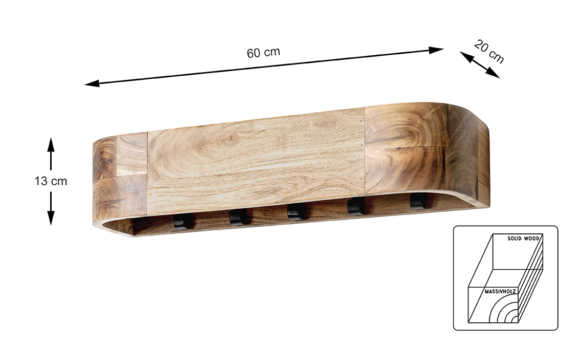 Haku Möbel Wandgarderobe  ca. B60 H13 T20 cm in Massivholz naturbelassen, Holz, Sperrholz