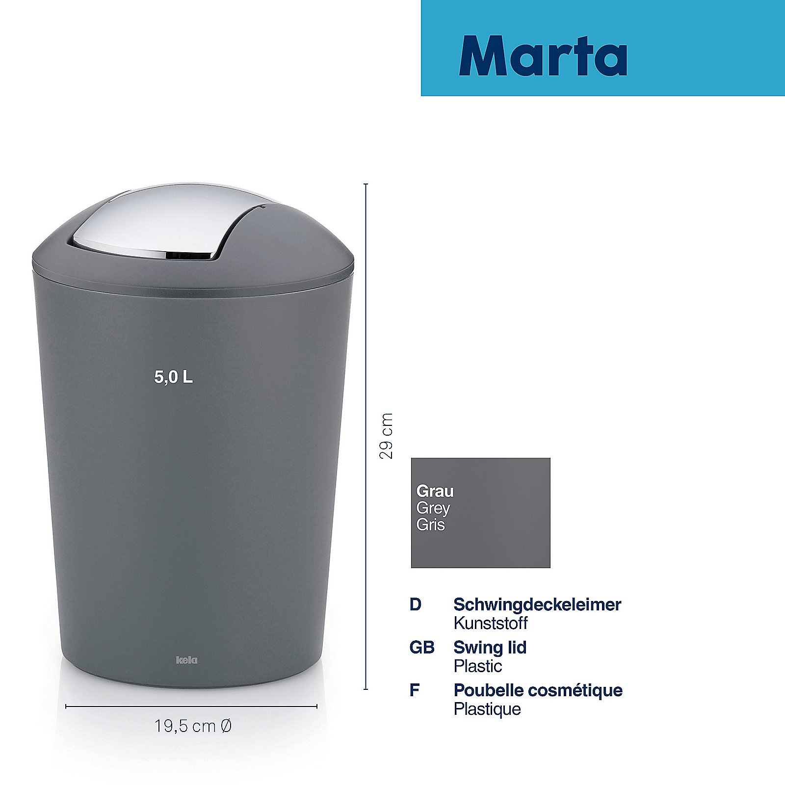 Kela Schwingdeckeleimer Marta  in grau,D 20cm,H 28,5cm,5 Ltr., Zinn, Kann, Mülleimer