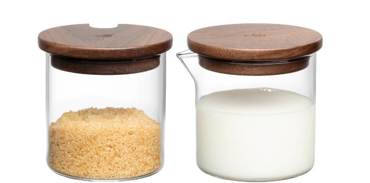 Leonardo GK/4tlg. Milch/Zucker Set NOVO  in Klarglas mit Holzdeckel, Krug, Getränk, Milch