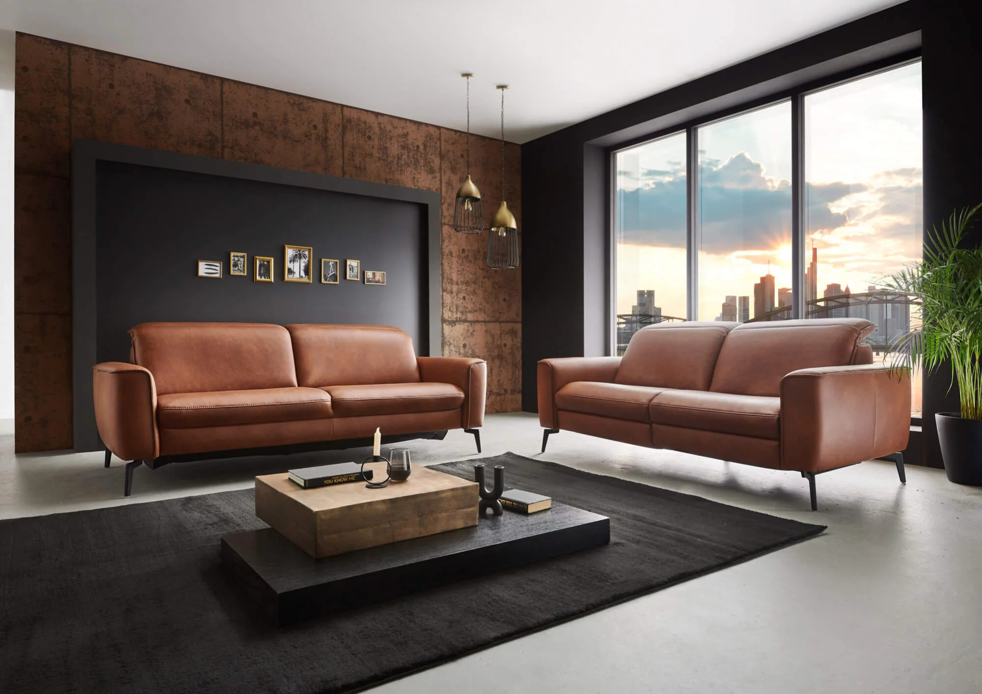 Hukla Sofa 3-sitzig HU-PC23005 ca. B220 T105 cm in Leder Cloudy cognac 60, Innenarchitektur, Wohnzimmer, Dekoration für Zuhause, Kaffeetisch, Couch