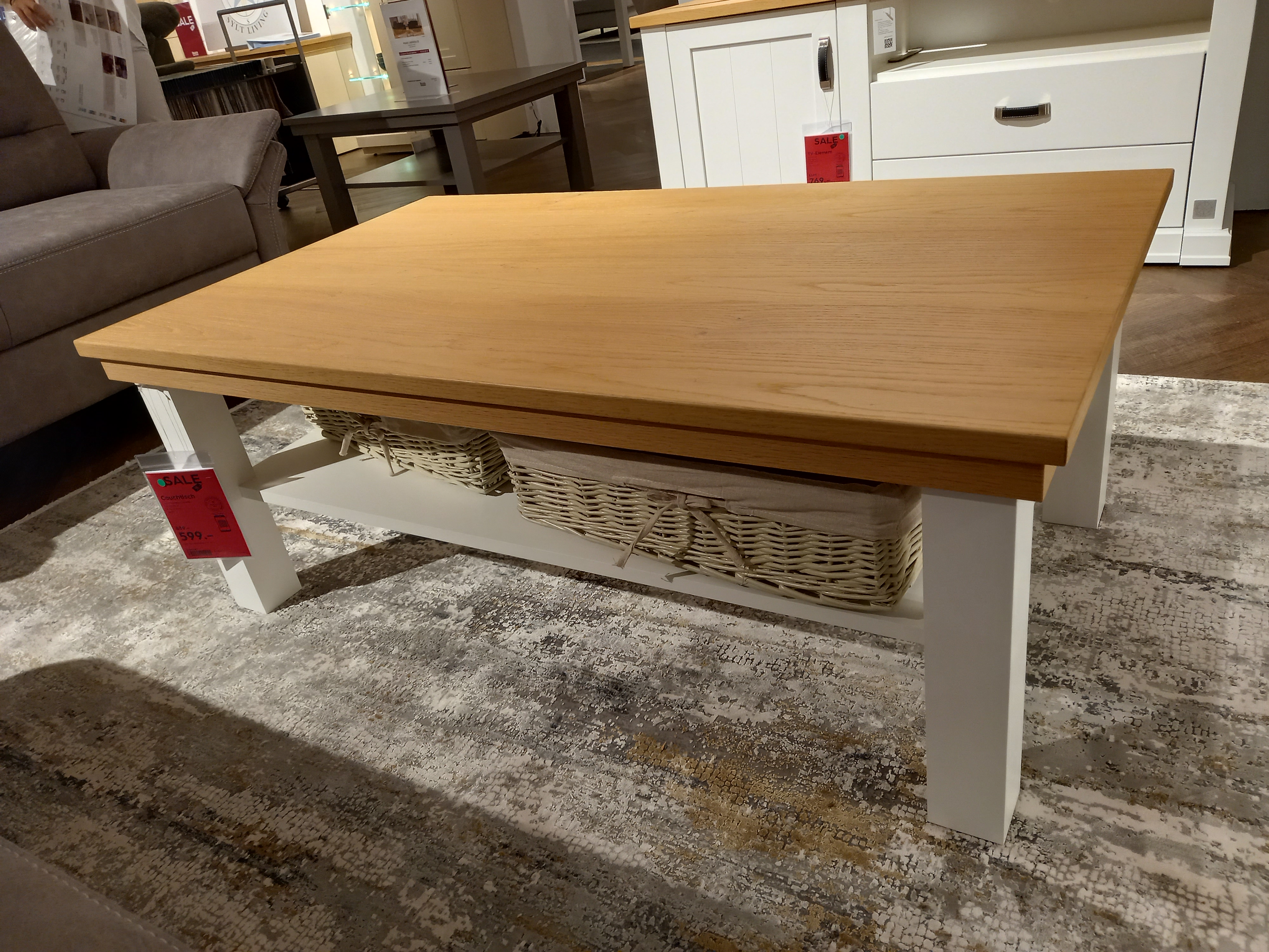 Wehrsdorfer Couchtisch SYLT LIVING ca. 120x70cm in weiß/Tischplatte Asteiche, Moebel, Tabelle, Tischplatte, Holz, Kaffeetisch
