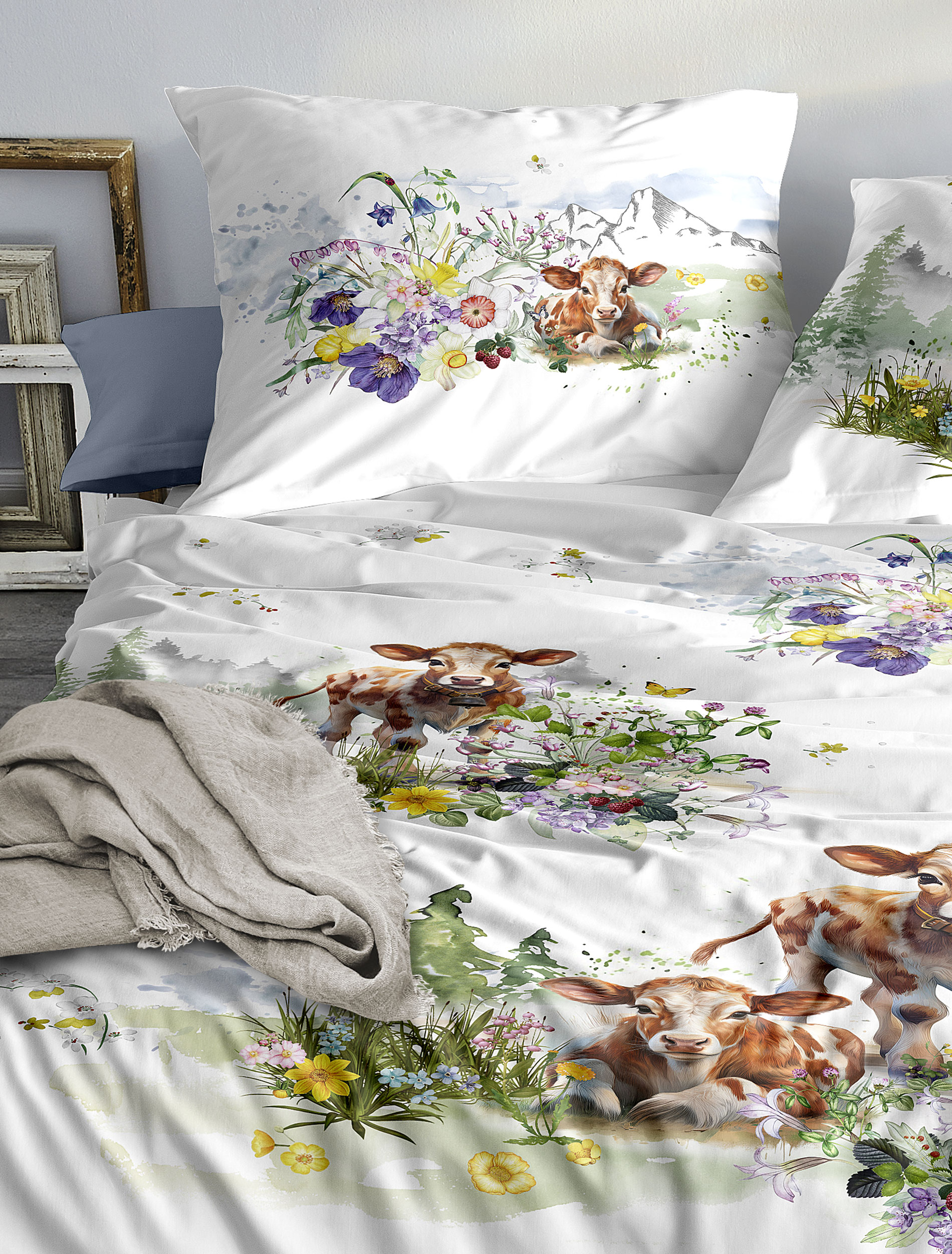 irisette Mako-Satin Bettwäsche WAVE in Farbe ca. 135x200cm, Kissen, Dekoration für Zuhause, Mobiliar, Bett, Kuh